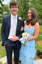 Load image into Gallery viewer, Sparkly A Line Sweetheart Blue Tea Length Party Dress with Ruffles
