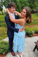 Load image into Gallery viewer, Sparkly A Line Sweetheart Blue Tea Length Party Dress with Ruffles

