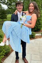 Load image into Gallery viewer, Sparkly A Line Sweetheart Blue Tea Length Party Dress with Ruffles
