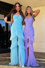 Load image into Gallery viewer, Sparkly Purple Mermaid Spaghetti Straps Long Tiered Prom Dress With Slit
