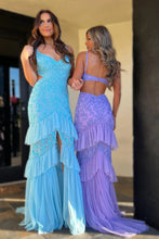Load image into Gallery viewer, Sparkly Purple Mermaid Spaghetti Straps Long Tiered Prom Dress With Slit