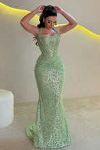 Load image into Gallery viewer, Sparkly Mermaid Halter Neck Gold Sequins Long Prom Dress with Ruched