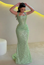 Load image into Gallery viewer, Sparkly Mermaid Halter Neck Gold Sequins Long Prom Dress with Ruched