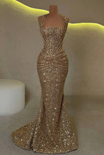 Load image into Gallery viewer, Sparkly Mermaid Halter Neck Gold Sequins Long Prom Dress with Ruched