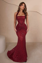 Load image into Gallery viewer, Sparkly Mermaid Halter Neck Gold Sequins Long Prom Dress with Ruched