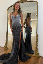 Load image into Gallery viewer, Sparkly Mermaid Spaghetti Straps Black Prom Dress with Pearl Beaded