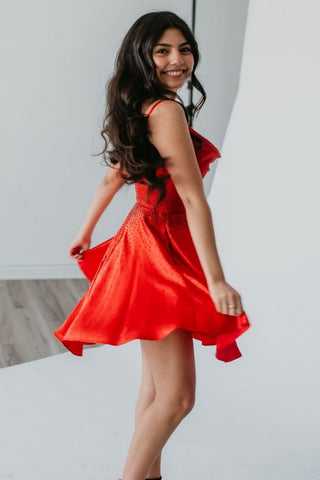 Sparkly Red A-Line Spaghetti Straps Short Beaded Homecoming Dress