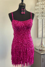 Load image into Gallery viewer, Sparkly Sequin Spaghetti Straps Short Homecoming Dress With Fringe
