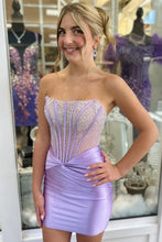 Load image into Gallery viewer, Sparkly Sheath Strapless Orange Short Homecoming Dress with Beading
