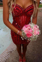 Load image into Gallery viewer, Sparkly Sheath Sweetheart Pink Short Homecoming Dress with Beading