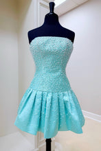 Load image into Gallery viewer, Strapless Aqua Blue Pearl Homecoming Dress with Beaded Bodice and Bubble Skirt