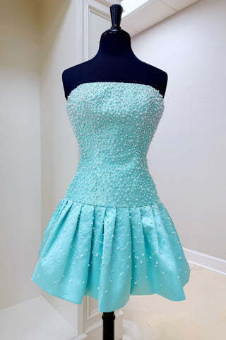 Strapless Aqua Blue Pearl Homecoming Dress with Beaded Bodice and Bubble Skirt