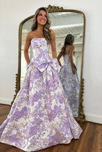 Load image into Gallery viewer, Romantic A Line Strapless Purple Floral Printed Long Prom Dress with Bowknot