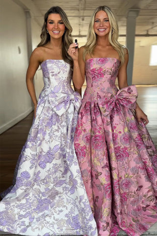 Romantic A Line Strapless Purple Floral Printed Long Prom Dress with Bowknot