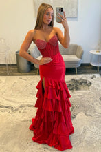 Load image into Gallery viewer, Stylish Mermaid Sweetheart Red Corset Prom Dress with Beading Ruffles