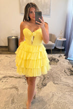 Load image into Gallery viewer, Strapless Red Ruffle Tiered Homecoming Dress with Front Bow Detail
