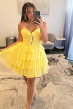 Load image into Gallery viewer, Strapless Red Ruffle Tiered Homecoming Dress with Front Bow Detail
