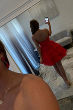 Load image into Gallery viewer, Strapless Red Ruffle Tiered Homecoming Dress with Front Bow Detail
