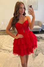 Load image into Gallery viewer, Strapless Red Ruffle Tiered Homecoming Dress with Front Bow Detail
