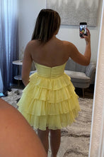 Load image into Gallery viewer, Strapless Red Ruffle Tiered Homecoming Dress with Front Bow Detail
