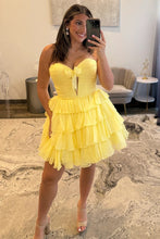 Load image into Gallery viewer, Strapless Red Ruffle Tiered Homecoming Dress with Front Bow Detail
