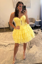 Load image into Gallery viewer, Strapless Red Ruffle Tiered Homecoming Dress with Front Bow Detail
