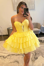 Load image into Gallery viewer, Strapless Red Ruffle Tiered Homecoming Dress with Front Bow Detail
