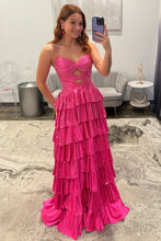 Load image into Gallery viewer, Sparkly A Line Sweetheart Hot Pink Long Prom Dress with Beading