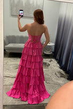Load image into Gallery viewer, Sparkly A Line Sweetheart Hot Pink Long Prom Dress with Beading