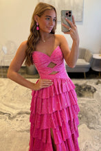 Load image into Gallery viewer, Sparkly A Line Sweetheart Hot Pink Long Prom Dress with Beading