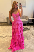 Load image into Gallery viewer, Sparkly A Line Sweetheart Hot Pink Long Prom Dress with Beading
