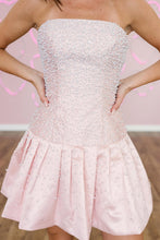 Load image into Gallery viewer, Strapless Aqua Blue Pearl Homecoming Dress with Beaded Bodice and Bubble Skirt