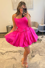 Load image into Gallery viewer, Strapless Satin Bubble Hem A-Line Homecoming Dress with Bow Accents
