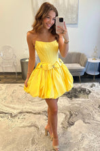 Load image into Gallery viewer, Strapless Satin Bubble Hem A-Line Homecoming Dress with Bow Accents
