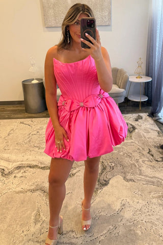 Strapless Satin Bubble Hem A-Line Homecoming Dress with Bow Accents