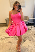 Load image into Gallery viewer, Strapless Satin Bubble Hem A-Line Homecoming Dress with Bow Accents
