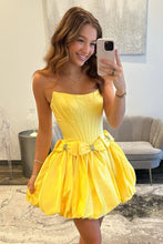 Load image into Gallery viewer, Strapless Satin Bubble Hem A-Line Homecoming Dress with Bow Accents
