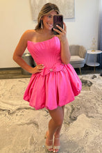 Load image into Gallery viewer, Strapless Satin Bubble Hem A-Line Homecoming Dress with Bow Accents
