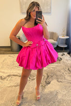 Load image into Gallery viewer, Strapless Satin Bubble Hem A-Line Homecoming Dress with Bow Accents
