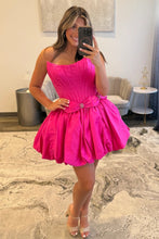 Load image into Gallery viewer, Strapless Satin Bubble Hem A-Line Homecoming Dress with Bow Accents
