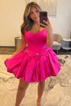 Load image into Gallery viewer, Strapless Satin Bubble Hem A-Line Homecoming Dress with Bow Accents
