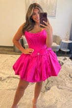 Load image into Gallery viewer, Strapless Satin Bubble Hem A-Line Homecoming Dress with Bow Accents
