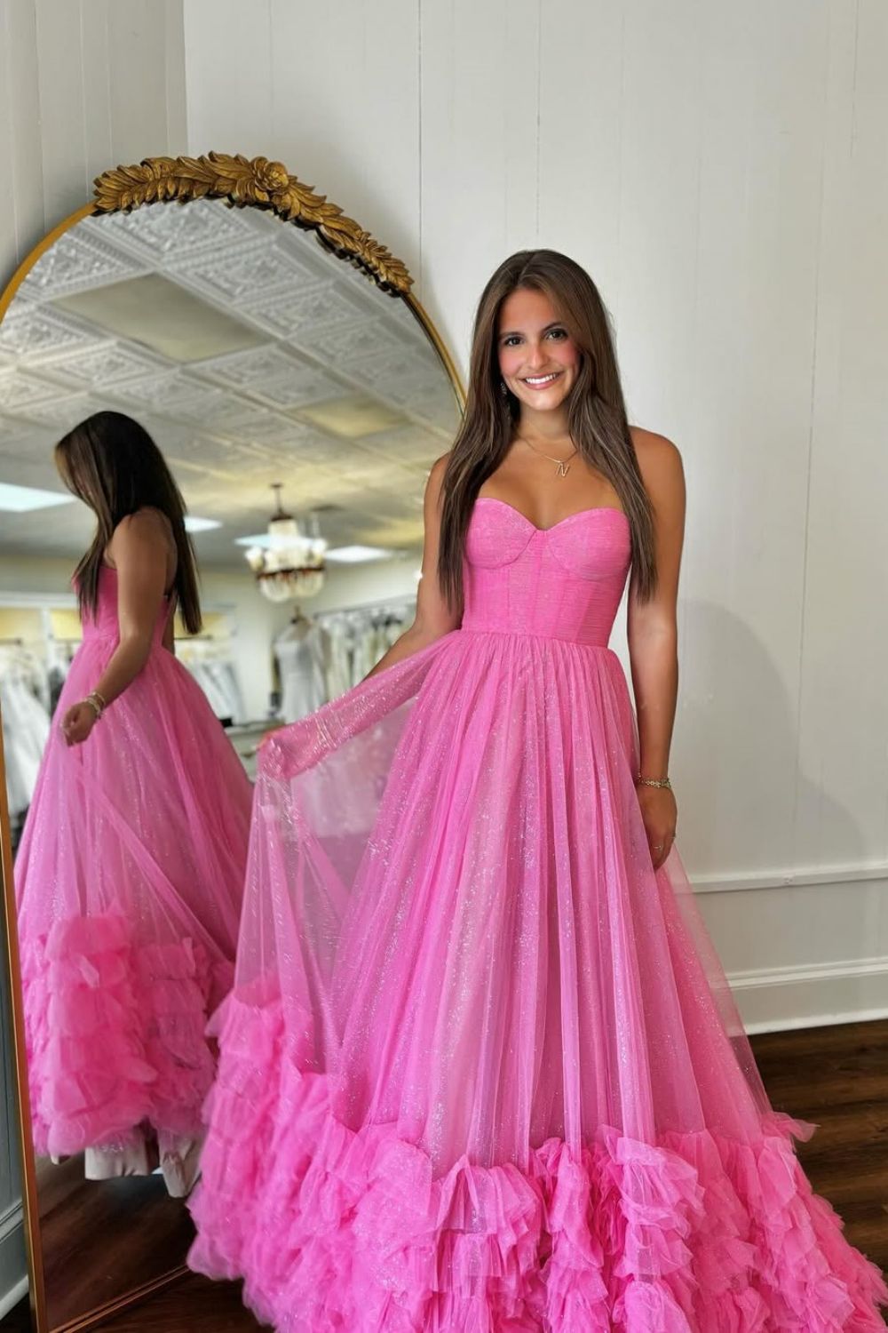 Luuvis Women Stunning A-Line Pink Sweetheart Long Glitter Tulle Prom