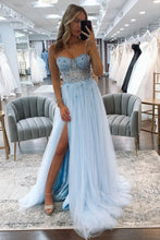 Load image into Gallery viewer, Stunning A Line Blue Spaghetti Straps Long Tulle Prom Dress with Beading