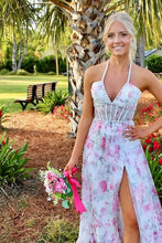 Load image into Gallery viewer, Stunning A Line Halter Neck Pink Floral Printed Corset Prom Dress with Pearls