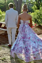 Load image into Gallery viewer, Stunning A Line Halter Neck Pink Floral Printed Corset Prom Dress with Pearls