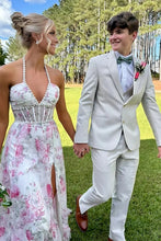 Load image into Gallery viewer, Stunning A Line Halter Neck Pink Floral Printed Corset Prom Dress with Pearls