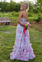 Load image into Gallery viewer, Stunning A Line Halter Neck Pink Floral Printed Corset Prom Dress with Pearls