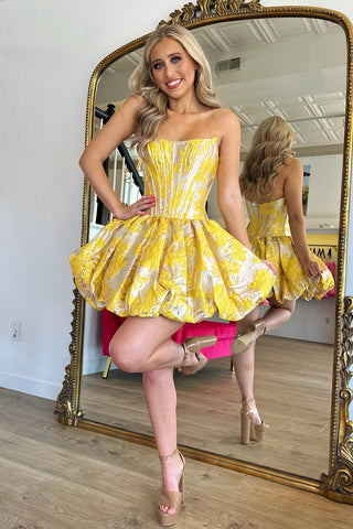 Stunning A Line Strapless Yellow Corset Homecoming Dress