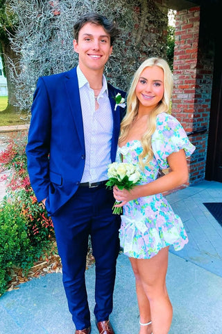 Stunning A Line Sweetheart Blue Printed Short Homecoming Dress with Bowknot